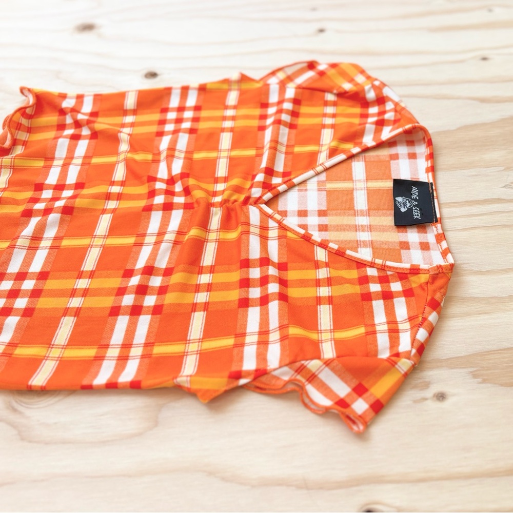 vtg mod throwback plaid baby tee - orange yellow pattern micro top - xxs petit